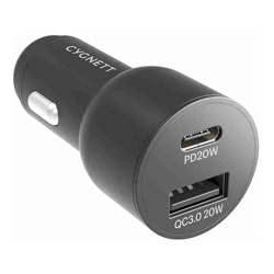 Cygnett 20W Dual Port Car Charger with 20W USB-C PD + 20W QC 3.0 USB-A Black (CY3637CYCCH) 0-50% battery in just 30 mins Fast Charging