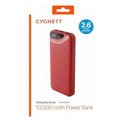 Cygnett ChargeUp Boost 3rd Gen 10K mAh Power Bank Red (CY4343PBCHE) 1x USB-C(15W)2x USB-A(12W) 15cm USB-C CableDigital DisplayTotal Output 15W
