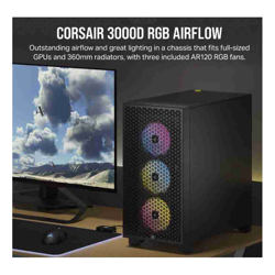 Corsair Carbide Series 3000D RGB Solid Steel Front ATX Tempered Glass Black 3x AR120 RGB Fans  Adapter pre-installed. USB 3.0 x 2 Audio I/O. Case