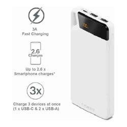 Cygnett ChargeUp Boost 4th Gen 10K mAh Power Bank-White(CY4748PBCHE)Triple Port(Dual USB-A 15W+1xUSB-C 15W)15cm USB-C Cable15W Max2 Years Warranty