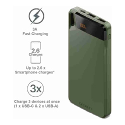 Cygnett ChargeUp Boost 4th Gen 10K mAh Power Bank-Green(CY4746PBCHE)Triple Port(Dual USB-A 15W+1xUSB-C 15W)15cm USB-C Cable15W Max2 Years Warranty