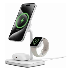 Cygnett ChargeBase Qi2 3-in-1 Magnetic 15W Wireless Charger-White(CY5070BUNCP)1.2M USB-C Cable5W Watch Charger 180 Swivel Head2 Years Warranty