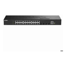 D-Link 28-Port Gigabit Smart Managed Stackable Switch with 24 1000Base-T and 4 SFP+ Ports.