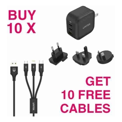 Unitek KIT- BUY 10 x Unitek PD66W GaN 3-Port Travel Chargers (Black) + 10 x FREE Unitek 1.2m 3-in-1 USB-A to USB-C/microUSB/Lightning Cables (Black)