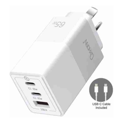 Just You PC Oxhorn 65W GaN Type C fast Charger 3 Port 2xUSB-C 1xUSB-A PD3.0 QC4.0 PPS AUS Approved C-tick White with cable