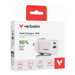 Verbatim 2 Port 35 Watt Portable GaN charger 1 x USB-C PD 35w 1x USB-A QC 3.0 Compact Design Apple Android Samsung Google Huawei Oppo