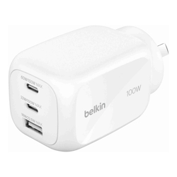 Belkin BoostCharge Pro 100W 3-Port GaN Wall Charger White (WCH016AUWH) 2x USB-C 1x USB-A Compact Laptop Charger CEW $2500 2 Years Warranty