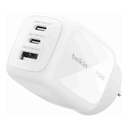 Belkin BoostCharge Pro 70W 3-Port GaN Wall Charger White (WCH018AUWH) Compact  Powerful Laptop Charger Travel-Ready 2 Years Warranty